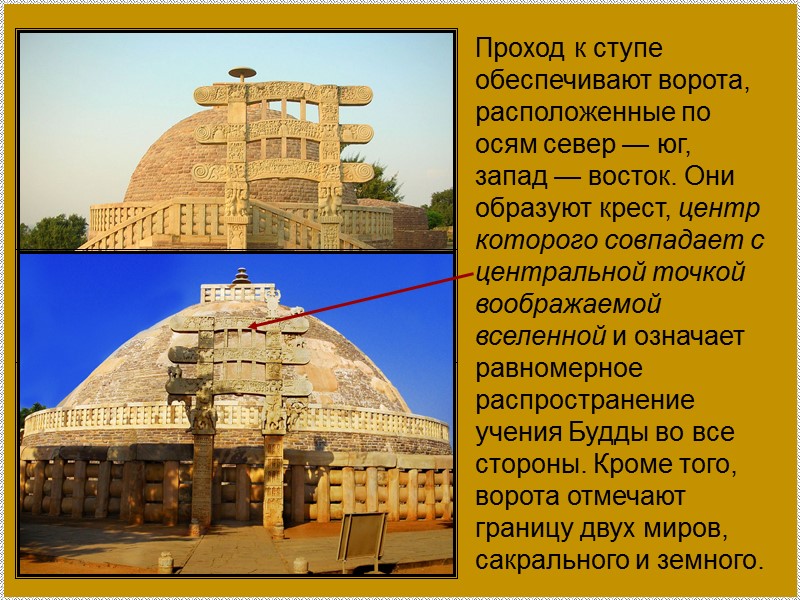 Проход к ступе обеспечивают ворота, расположенные по осям север — юг, запад — восток.